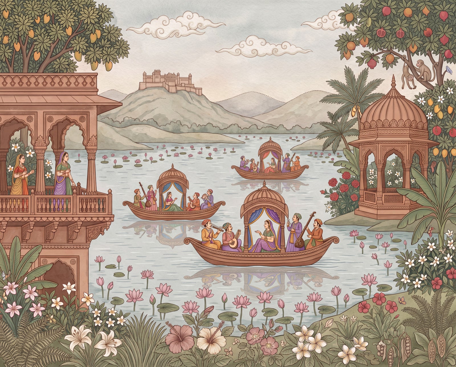 Pichwai Lake Reverie Wall Mural in your room
