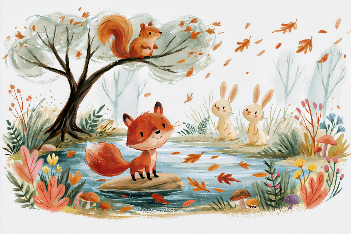 Woodland Friends Fox  Autumnal Stream Wall Mural in your room — zoomed