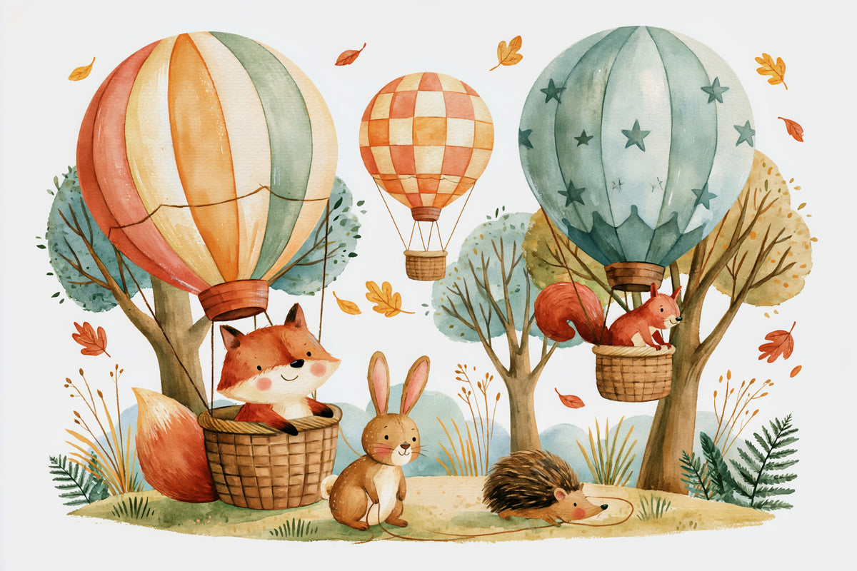Woodland Forest Friends and Hot Air Balloons Wall Mural in your room