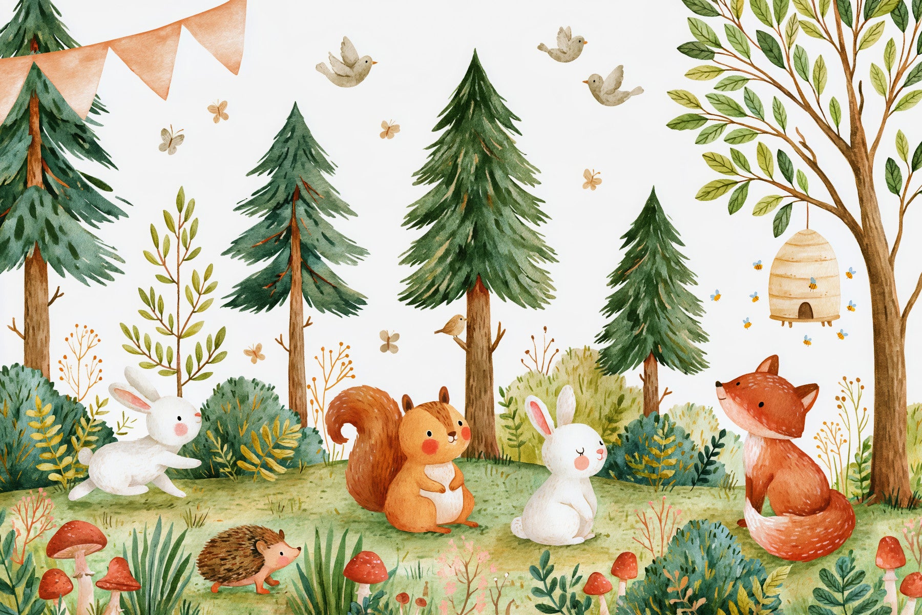 Forest wallpaper in a boys bedroom with a rocket shelf and star bedding GD13116