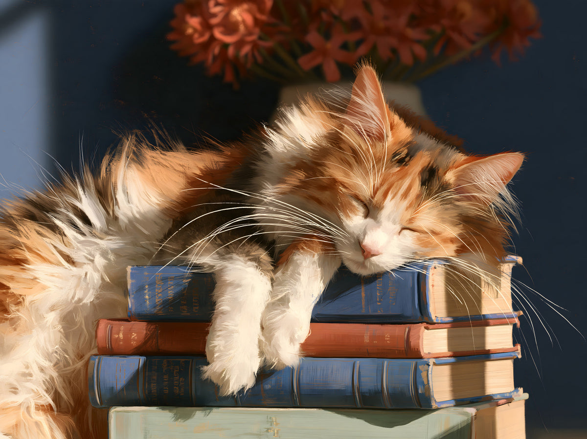 Calico Cat Sleeping on Stack of Old Books Wall Mural in your room