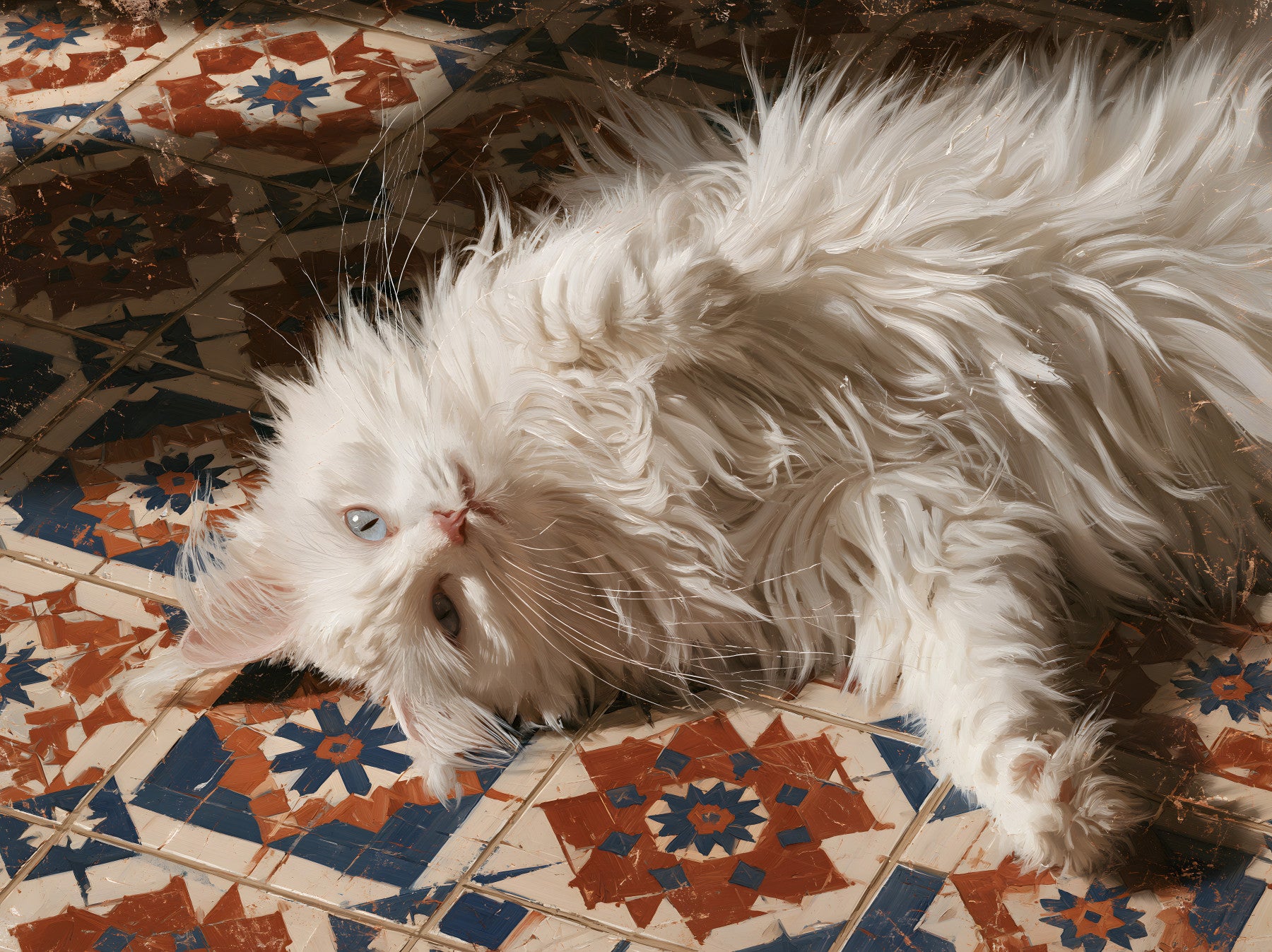 White Persian Cat on Mediterranean Tiles Wall Mural