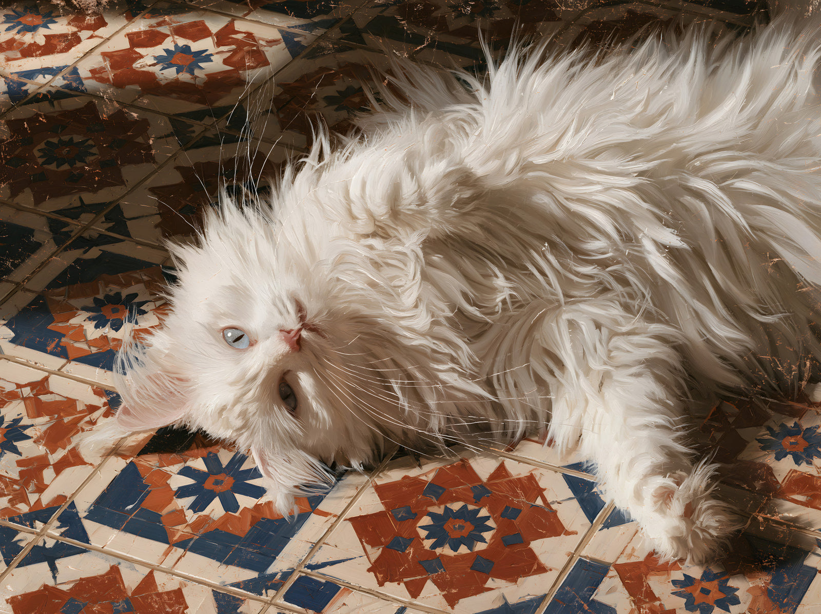 White Persian Cat on Mediterranean Tiles Wall Mural in your room