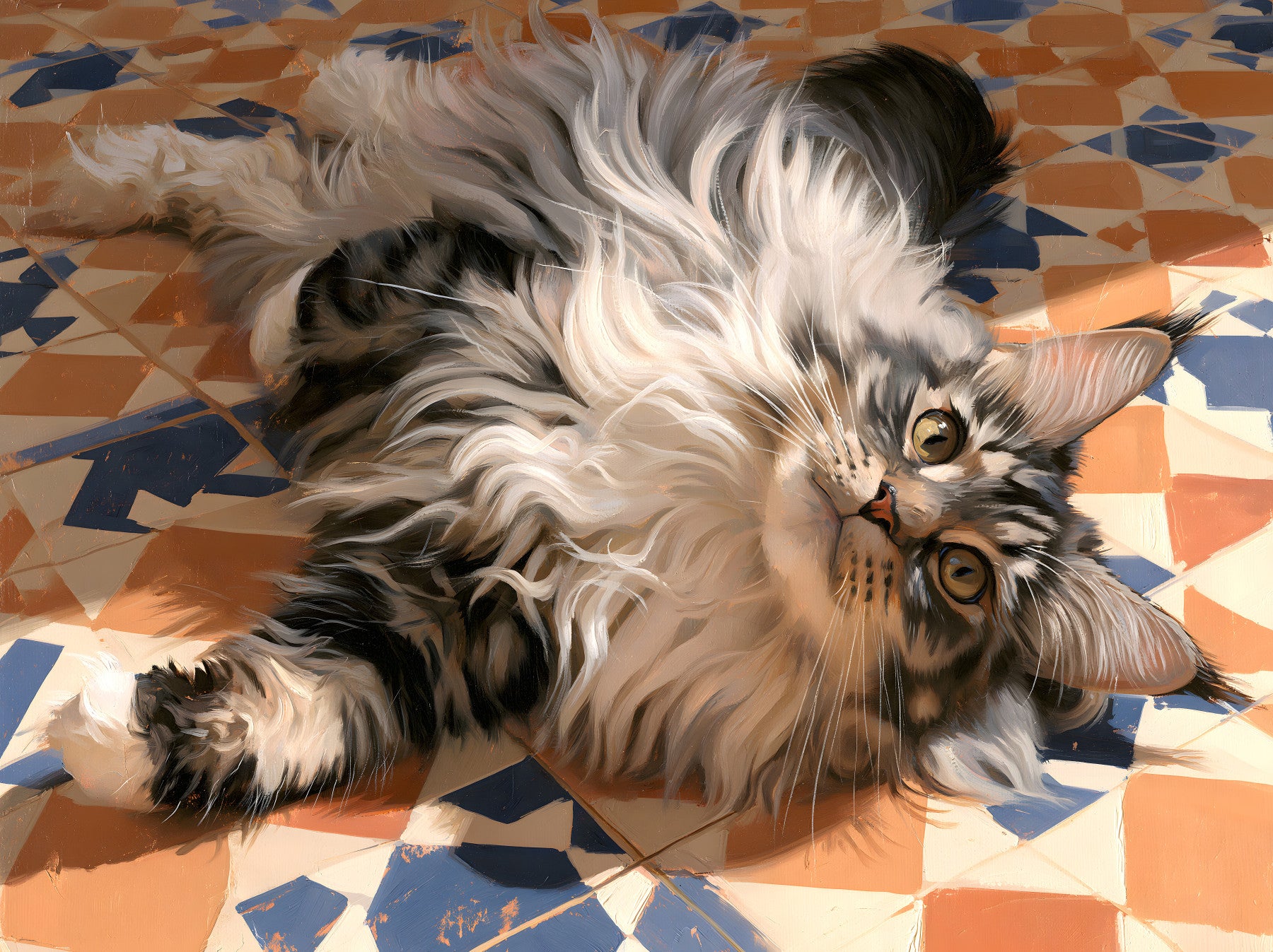 Resting Fluffy Tabby on Mediterranean Tiles Wall Mural