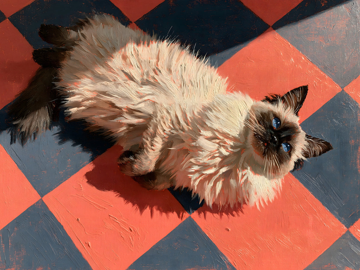Sunlit Ragdoll on Checkered Tile Wall Mural in your room