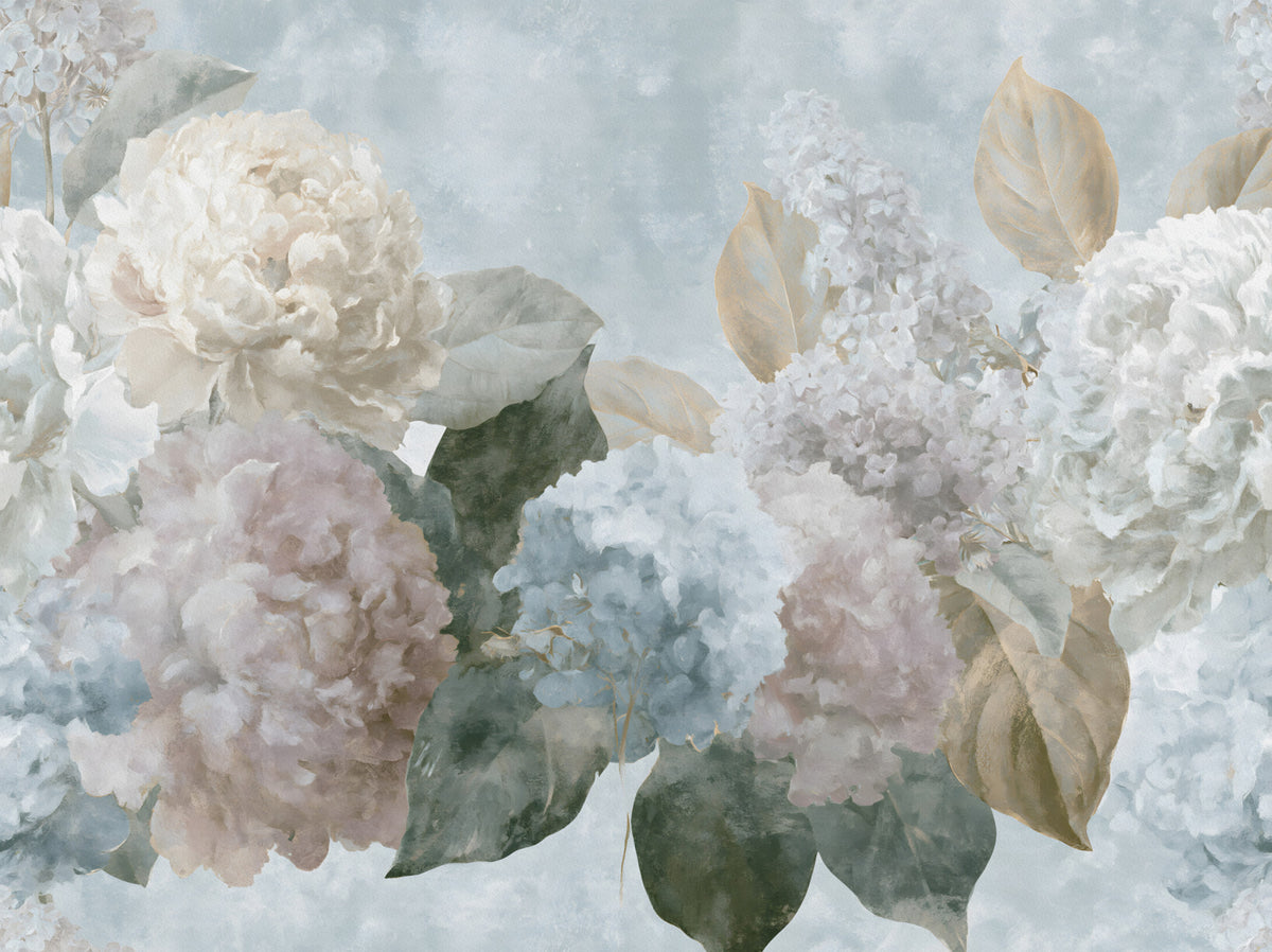 Vintage Hydrangea and Peony Floral Wall Mural in your room — zoomed