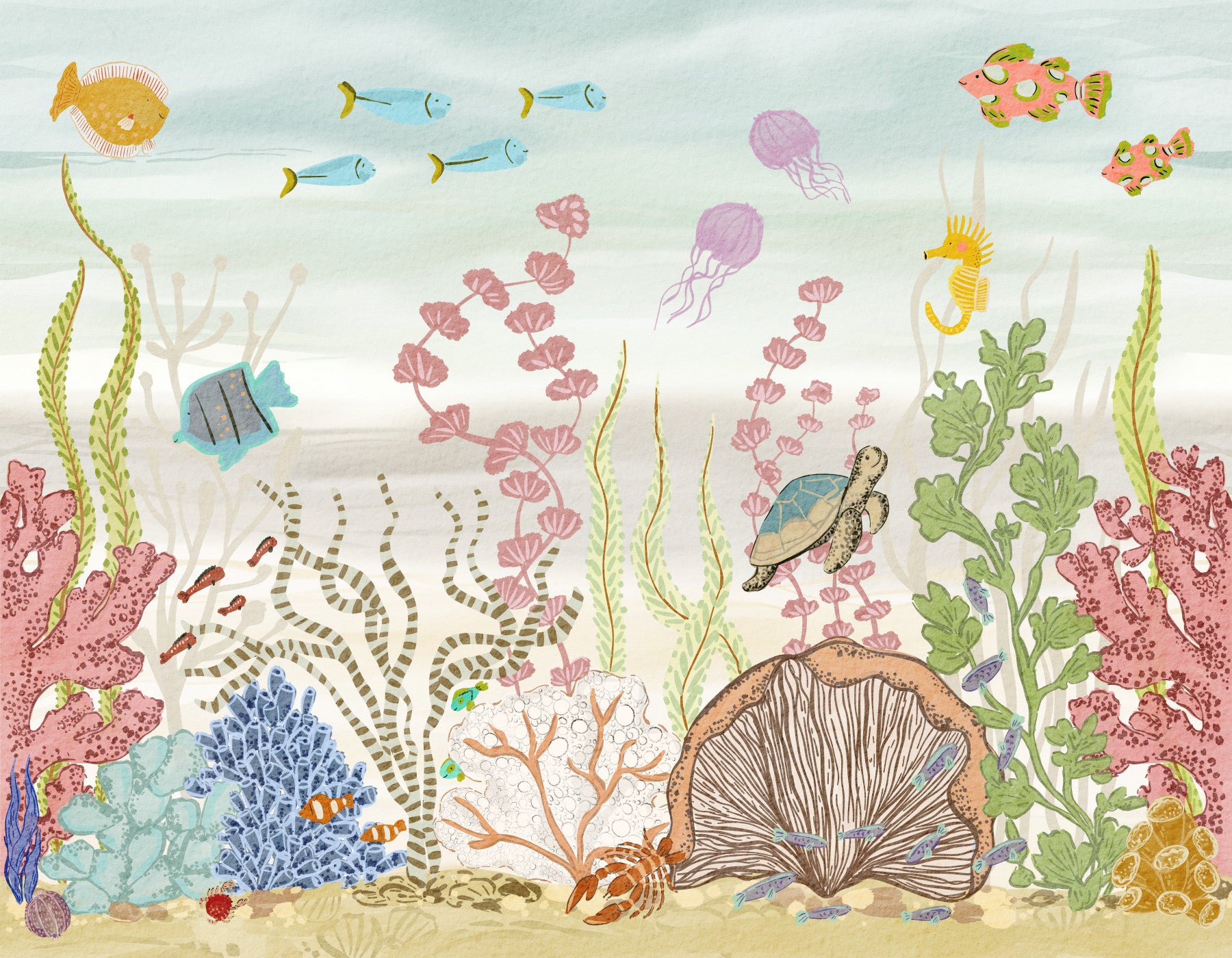 Whimsical Underwater Coral Reef Scene Wall Mural