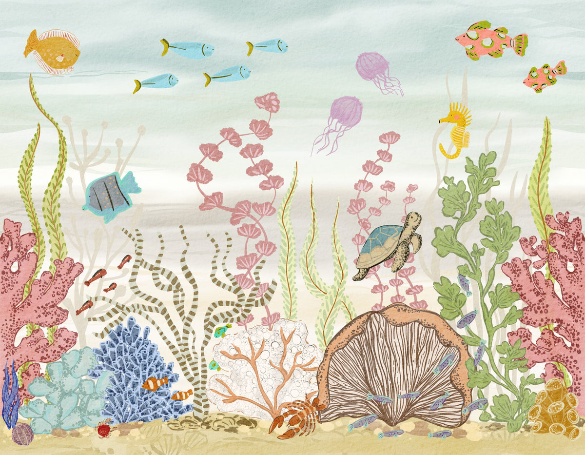 Whimsical Underwater Coral Reef Scene Wall Mural in your room — zoomed