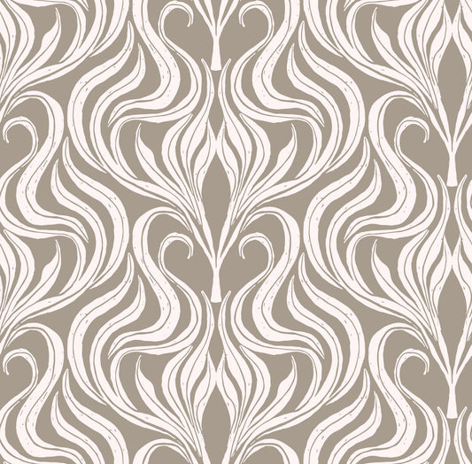 Cream and Beige Botanical Damask Wallpaper⁠