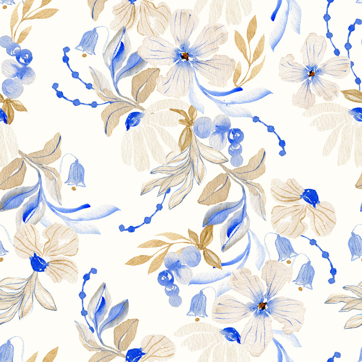Watercolor Blue and Beige Floral Botanical Wallpaper⁠ in your room — zoomed