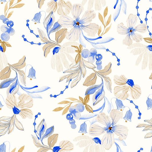 Watercolor Blue and Beige Floral Botanical Wallpaper⁠
