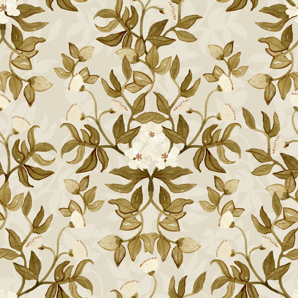 Vintage Hand-Painted Foliage Repeats Wallpaper⁠ in your room — zoomed