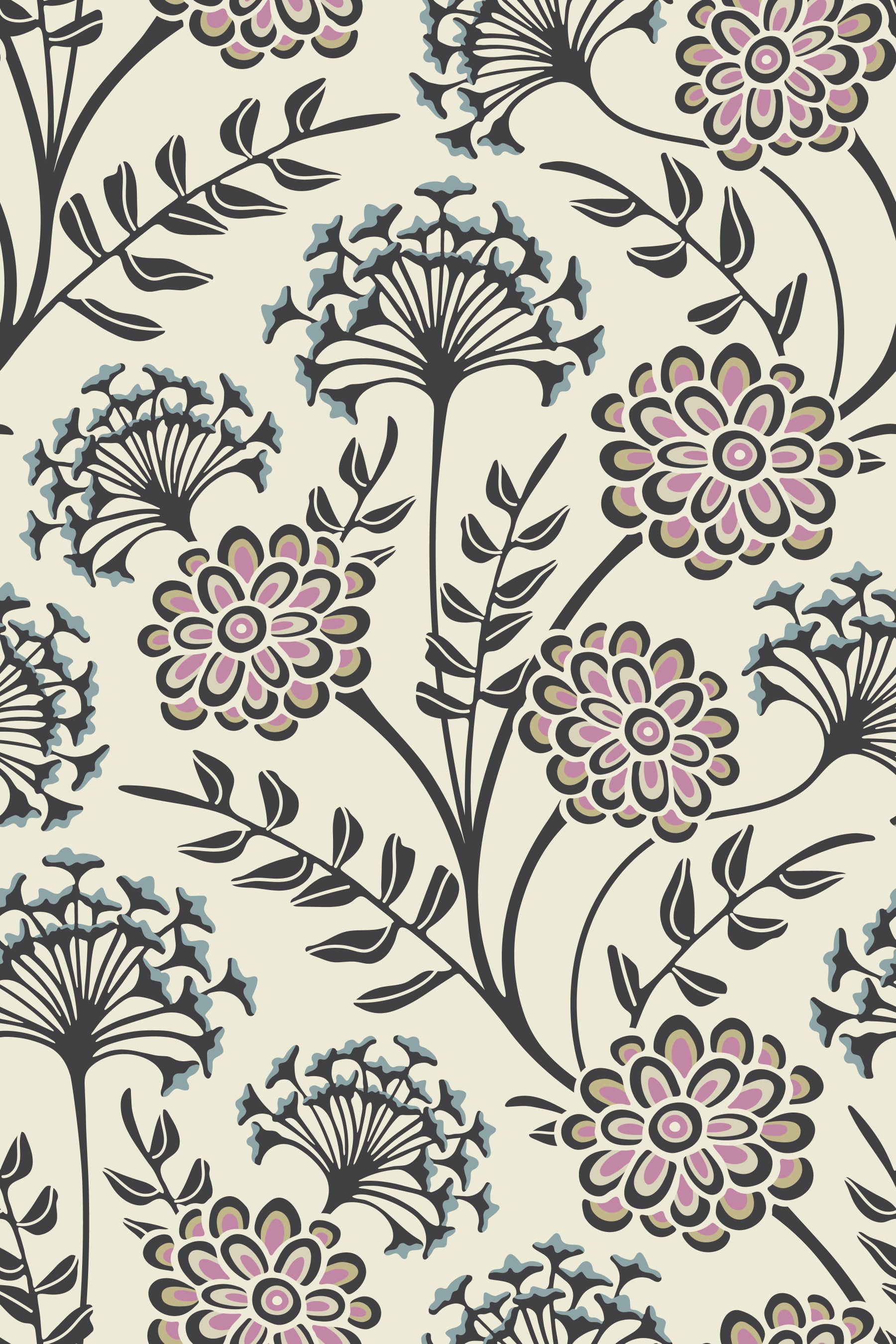Danube Retro Vintage Floral Zinnia Cow Parsley in Charcoal Ecru Wallpaper⁠