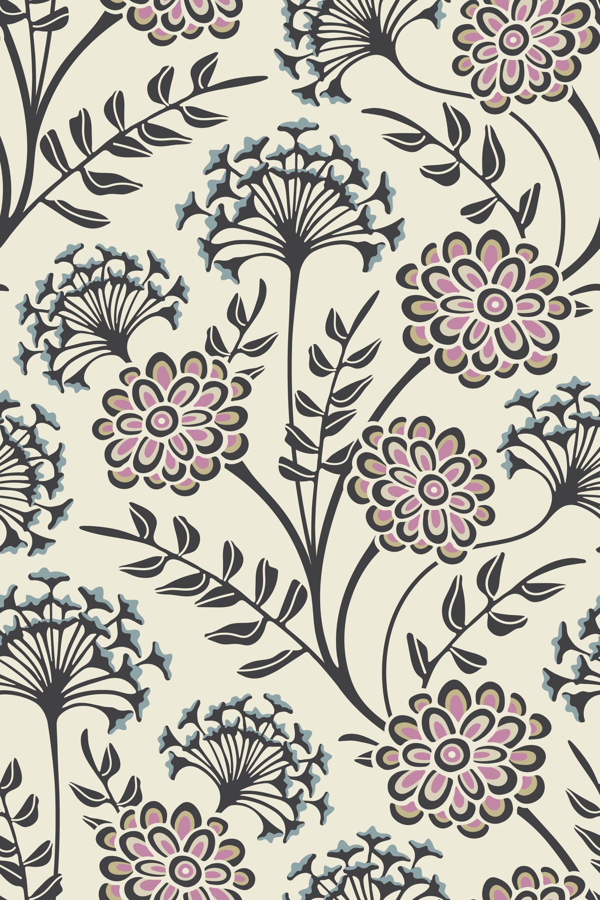 Danube Retro Vintage Floral Zinnia Cow Parsley in Charcoal Ecru Wallpaper⁠ in your room