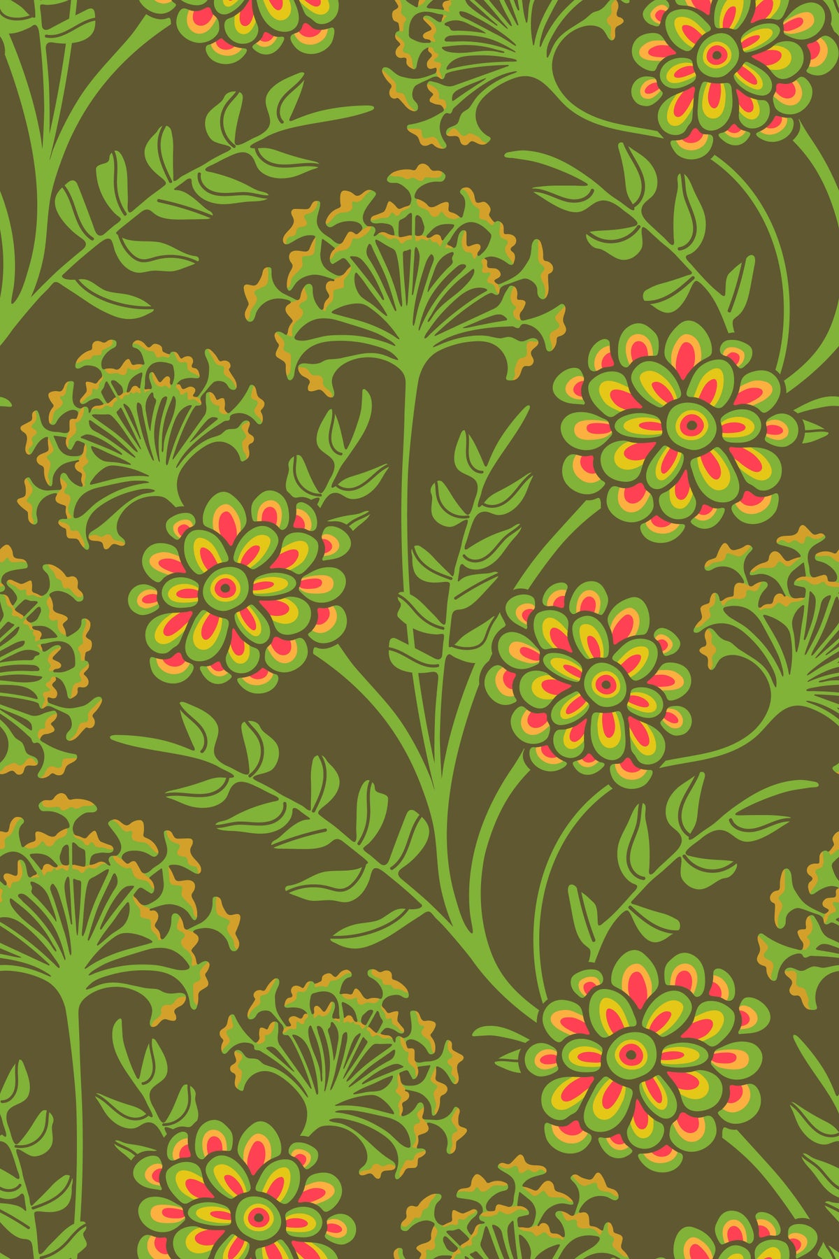Danube Retro Vintage Floral Zinnia Cow Parsley in Yellow Moss Green Wallpaper⁠ in your room