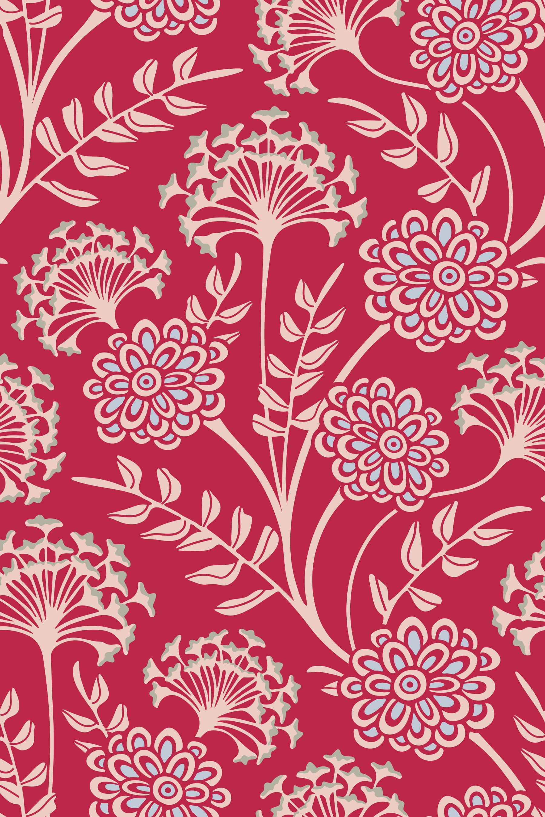 Danube Retro Vintage Floral Zinnia Cow Parsley in Viva Magenta Red Wallpaper⁠