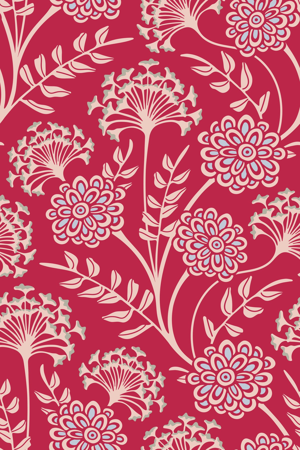 Danube Retro Vintage Floral Zinnia Cow Parsley in Viva Magenta Red Wallpaper⁠ in your room