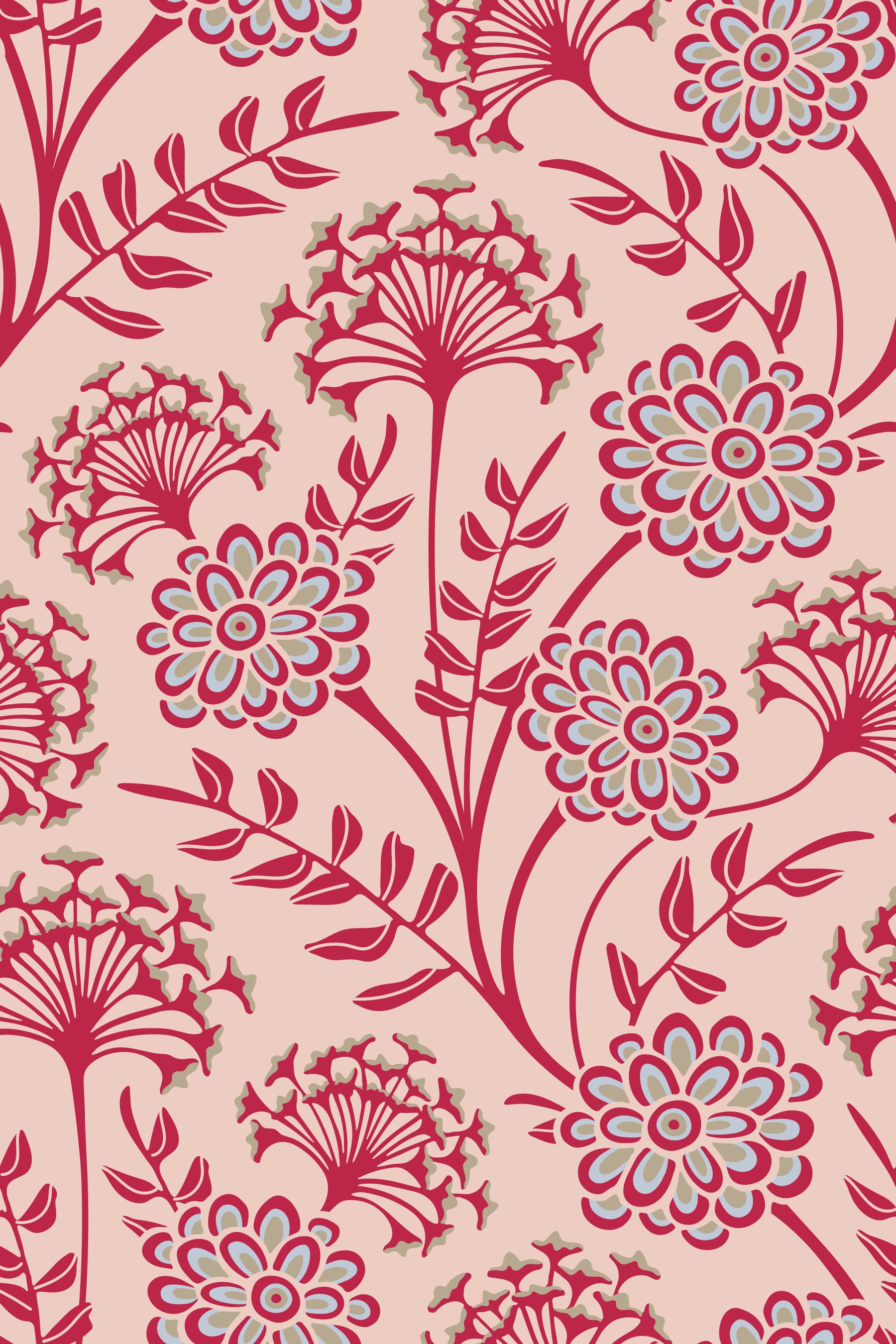 Danube Retro Vintage Floral Zinnia Cow Parsley in Viva Magenta Red Warm Sand  Wallpaper⁠