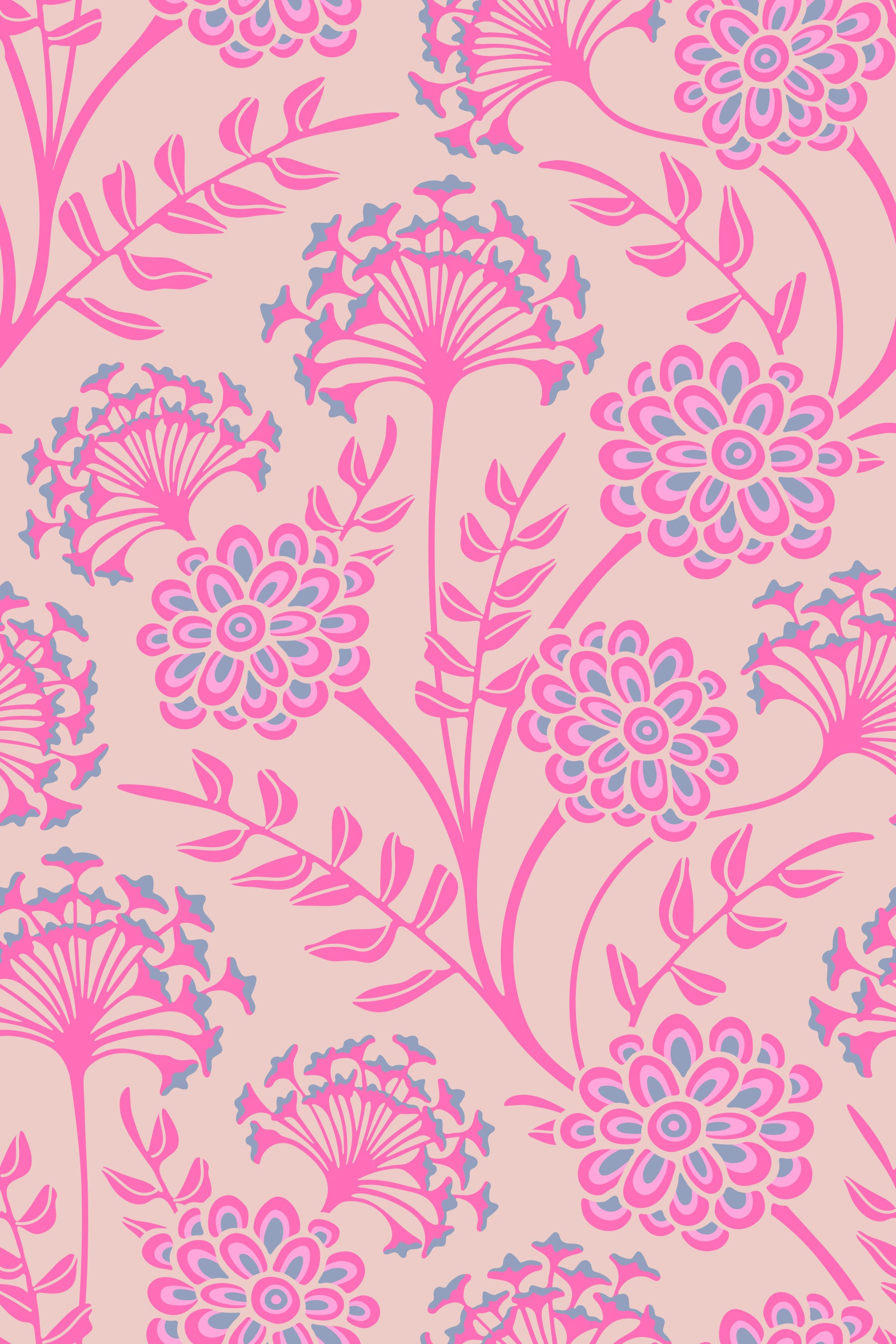Danube Retro Vintage Floral Zinnia Cow Parsley in Pretty In Pink Wallpaper⁠