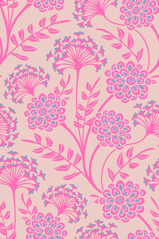 Danube Retro Vintage Floral Zinnia Cow Parsley in Pretty In Pink Wallpaper⁠