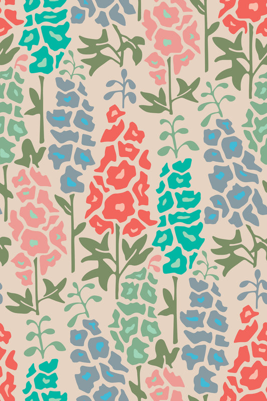 Delphinium Garden Retro Summer Floral Brights Wallpaper⁠