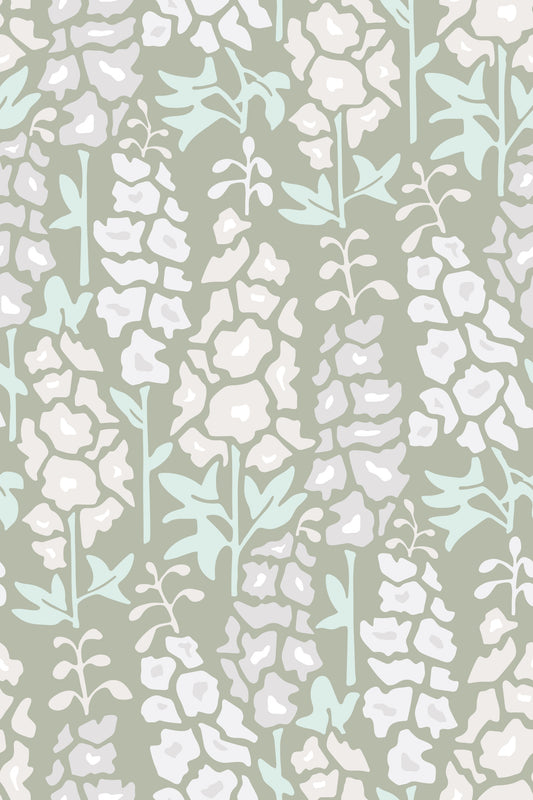 Delphinium Garden Retro Summer Floral White Gray Wallpaper⁠
