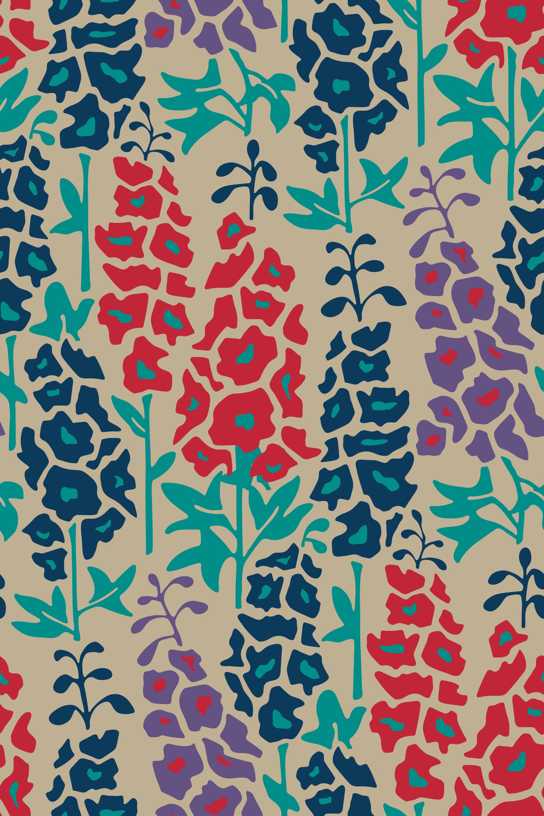 Delphinium Garden Retro Summer Floral Navy Blue Red Purple Wallpaper⁠