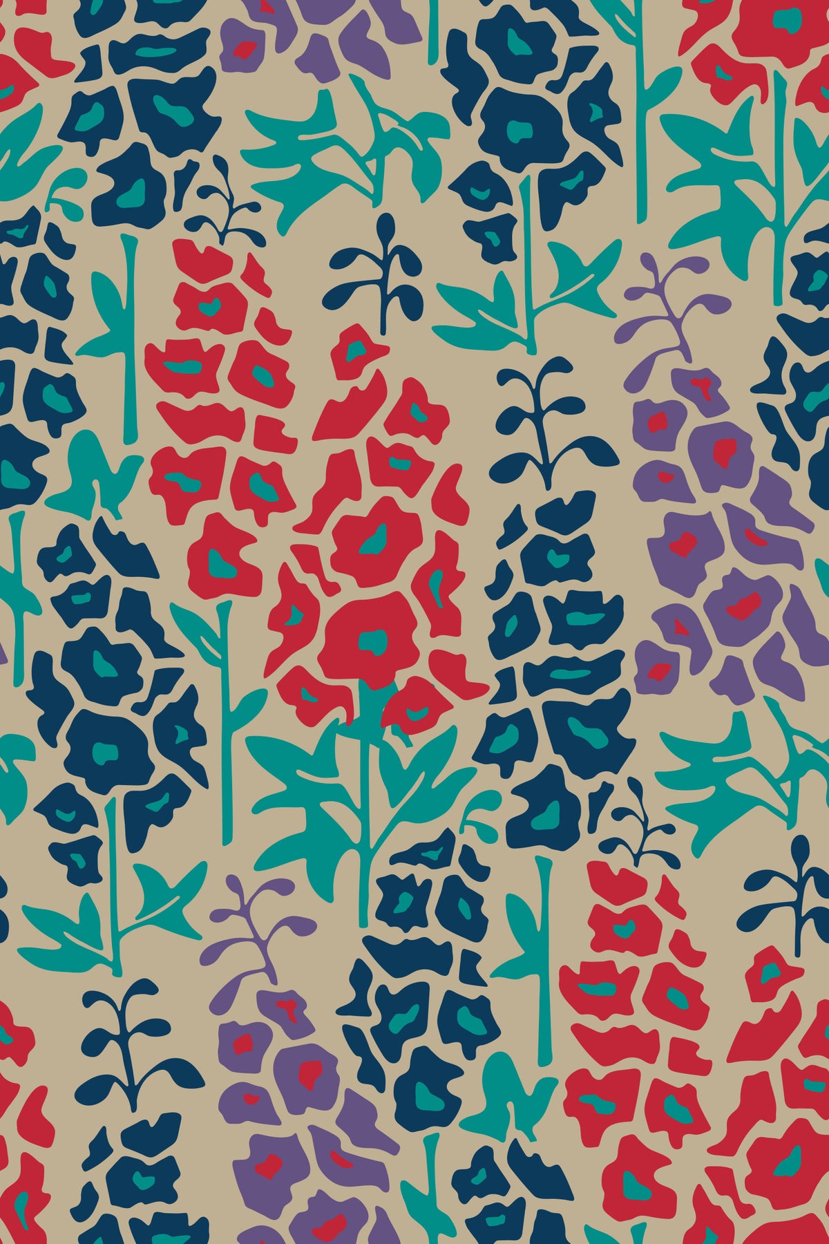 Delphinium Garden Retro Summer Floral Navy Blue Red Purple Wallpaper⁠ in your room — zoomed