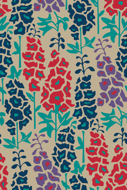 Delphinium Garden Retro Summer Floral Navy Blue Red Purple Wallpaper⁠