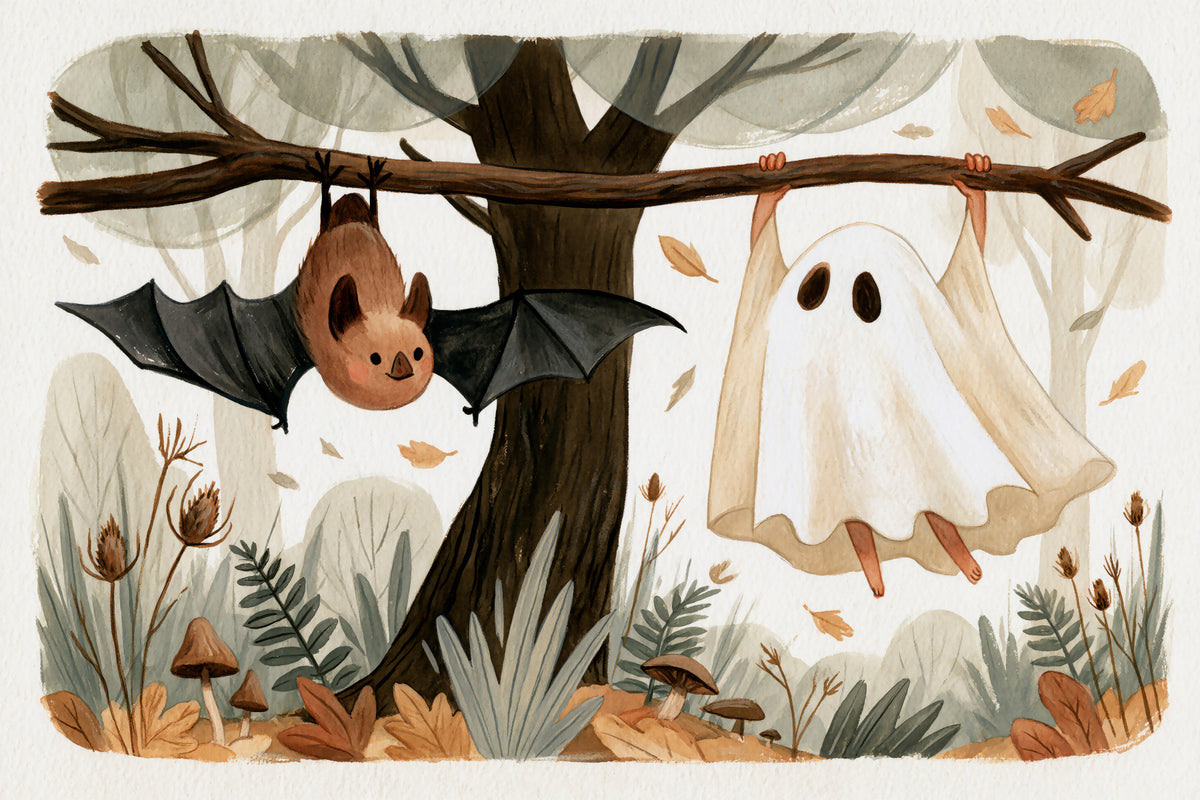 Little Ghost and Bat in Scandinavian Woodland Wall Mural in your room — zoomed