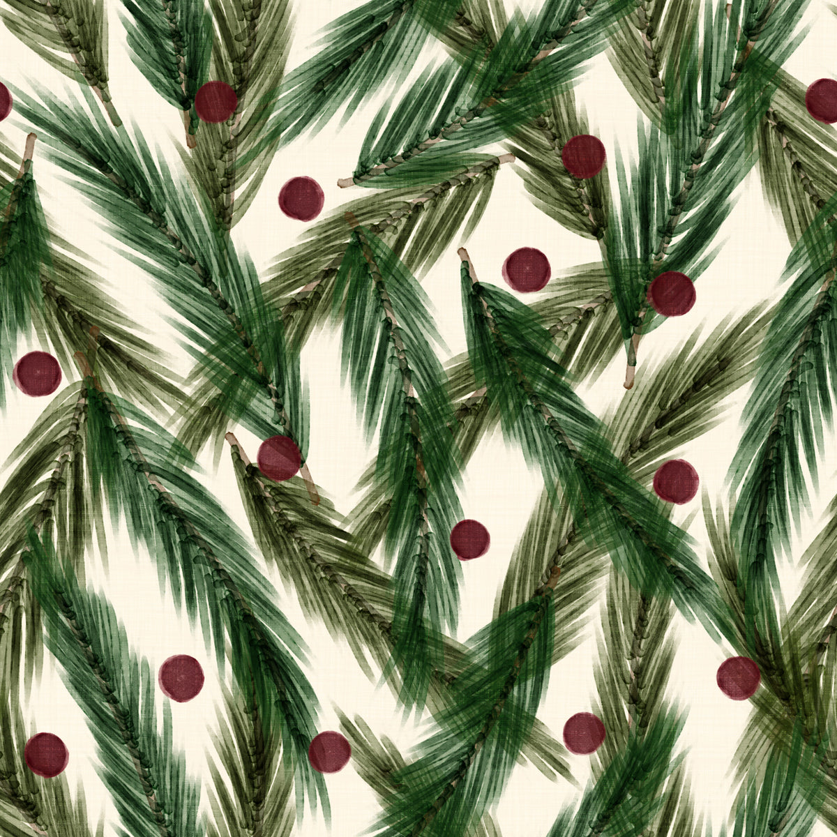 Watercolor Christmas Pine Needles and Red Berries Holiday Pattern Wallpaper⁠ in your room — zoomed
