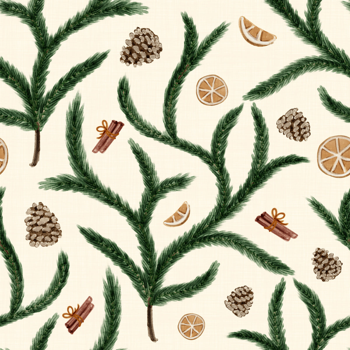 Watercolor Pine Branches with Oranges Cinnamon and Pine Cones Wallpaper⁠ in your room