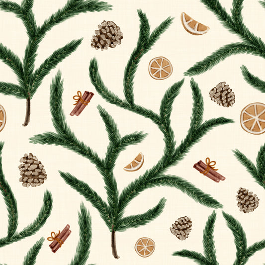 Watercolor Pine Branches with Oranges Cinnamon and Pine Cones Wallpaper⁠
