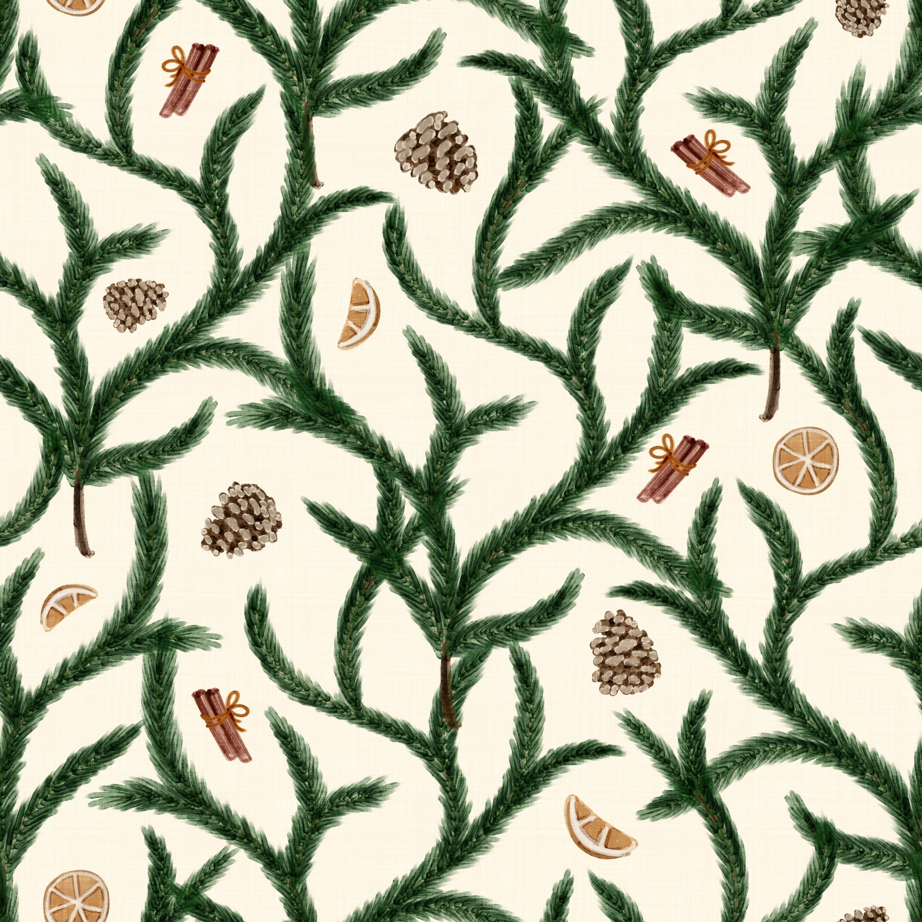 Watercolor Trellis Pine Branches with Oranges Cinnamon & Pine Cones Wallpaper⁠