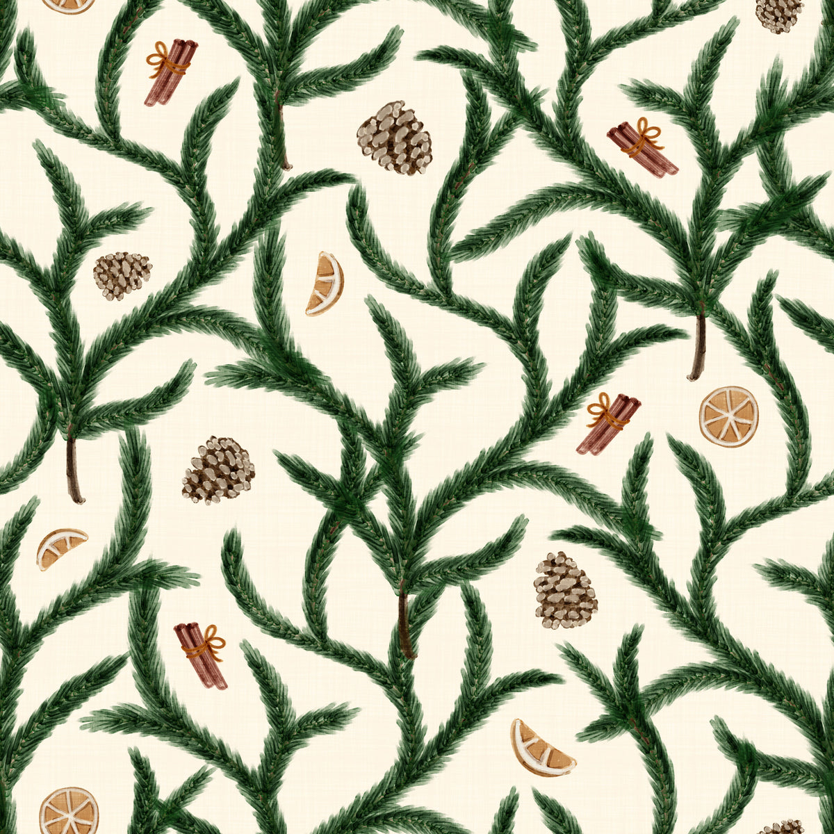 Watercolor Trellis Pine Branches with Oranges Cinnamon & Pine Cones Wallpaper⁠ in your room