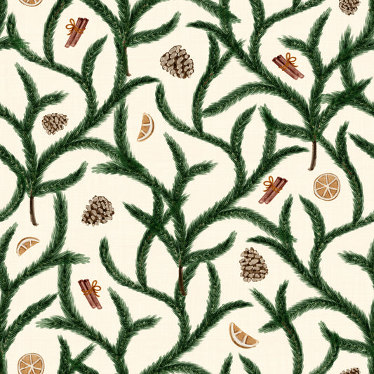 Watercolor Trellis Pine Branches with Oranges Cinnamon & Pine Cones Wallpaper⁠