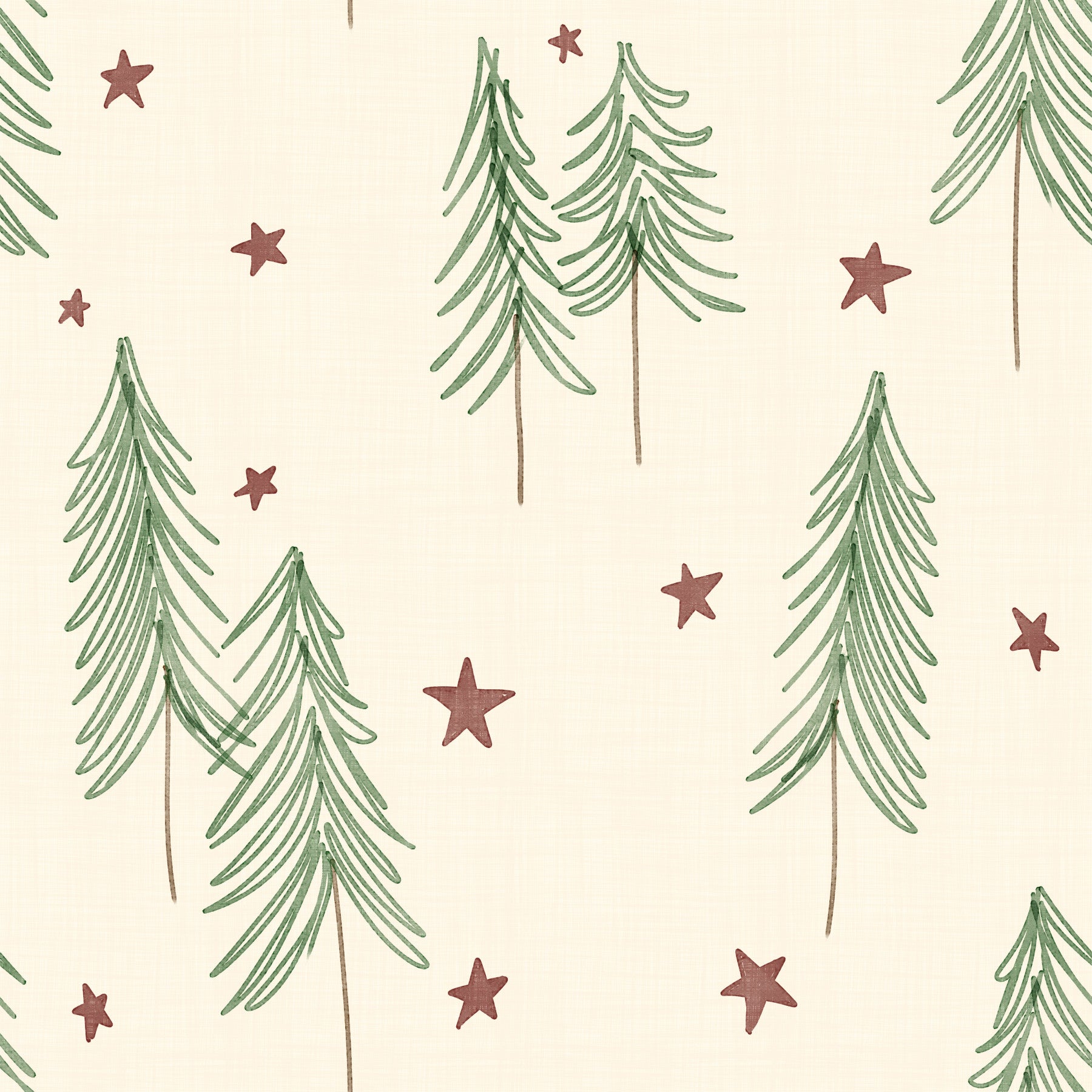 Woodland Pine Trees and Stars Winter Pattern - Green Red Wallpaper⁠