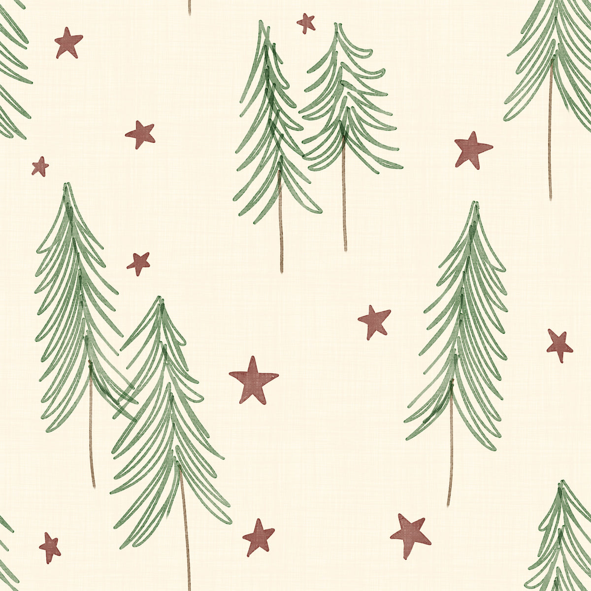 Woodland Pine Trees and Stars Winter Pattern - Green Red Wallpaper⁠ in your room