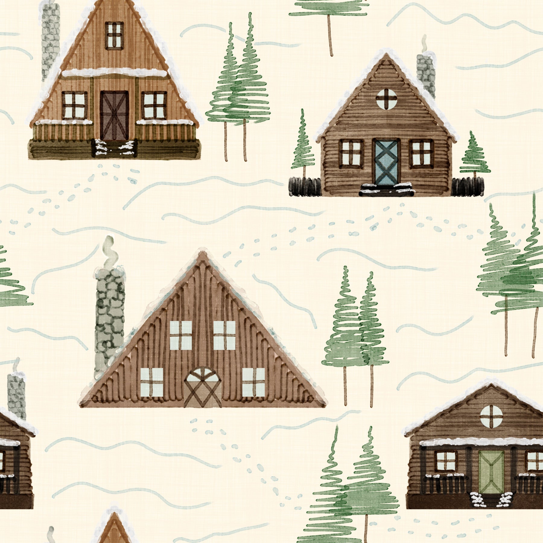 Small Snowy Mountain Huts Village Cabincore Winter Pattern Wallpaper⁠