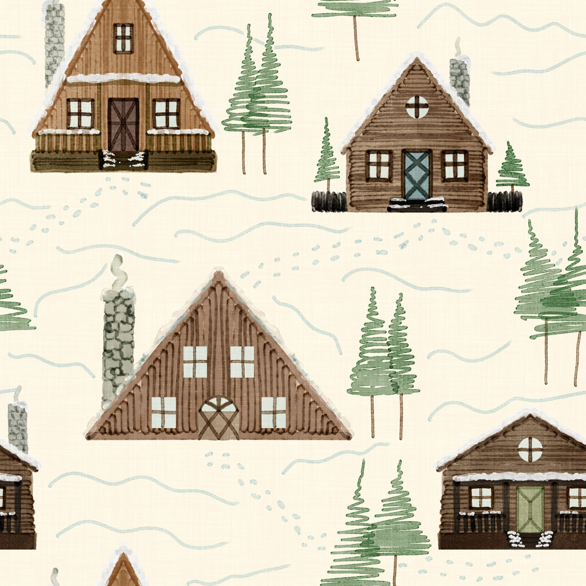 Small Snowy Mountain Huts Village Cabincore Winter Pattern Wallpaper⁠ in your room — zoomed