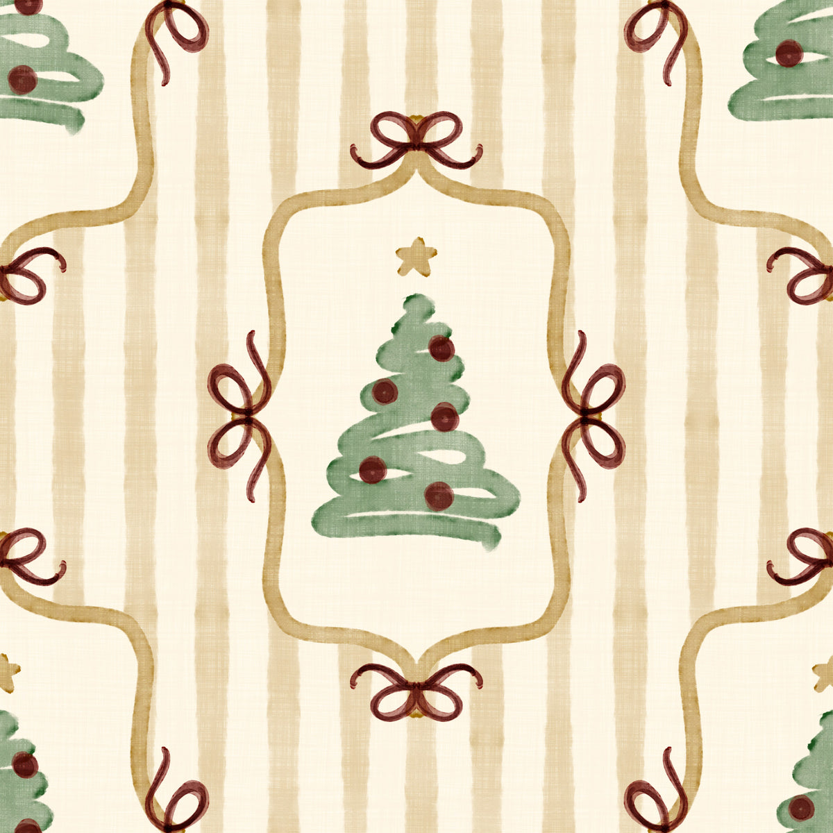 Preppy Christmas Tree Bows Ribbon Stripes - Antique Gold Yellow Wallpaper⁠ in your room — zoomed