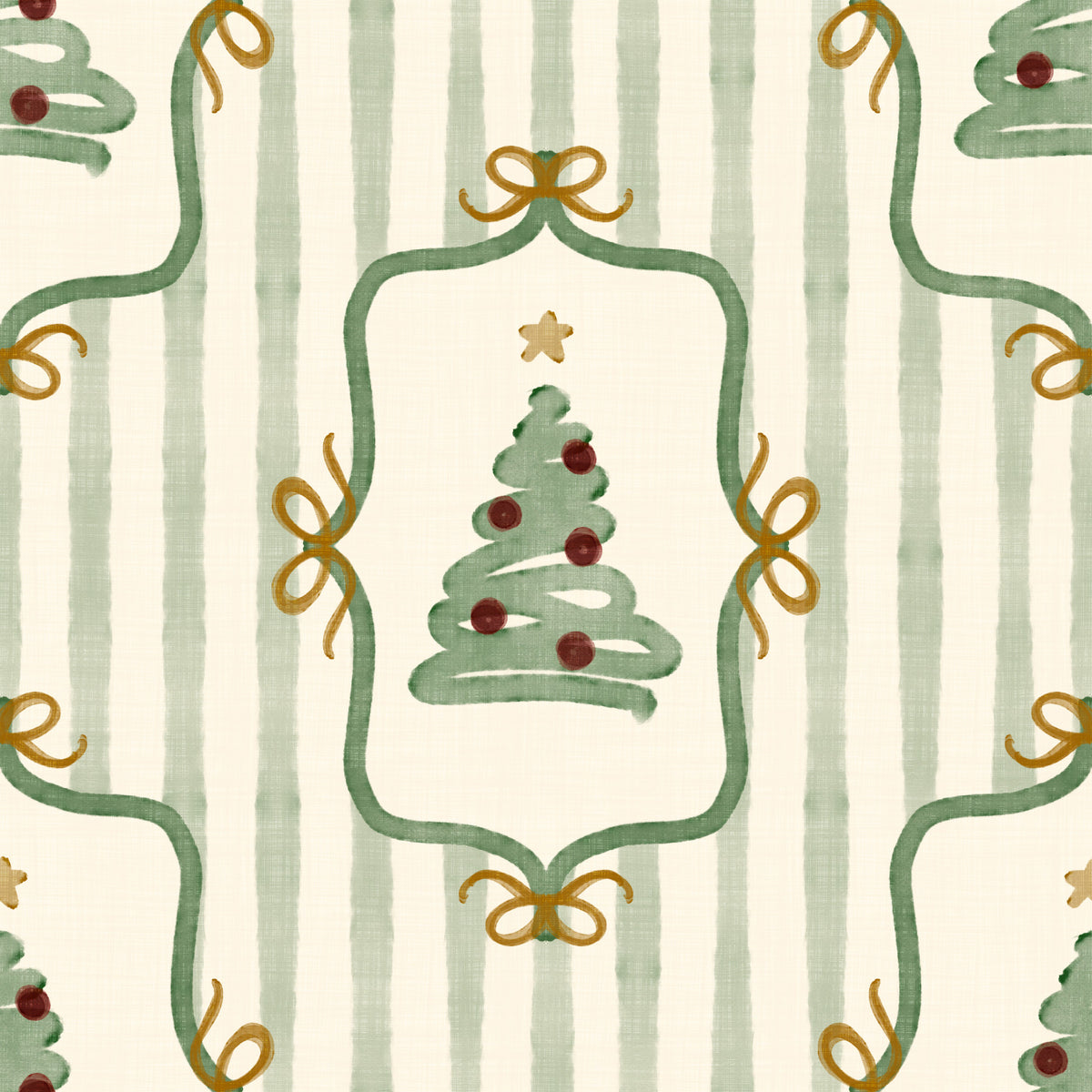 Preppy Christmas Tree Bows Ribbon Stripes - Forest Pine Green Wallpaper⁠