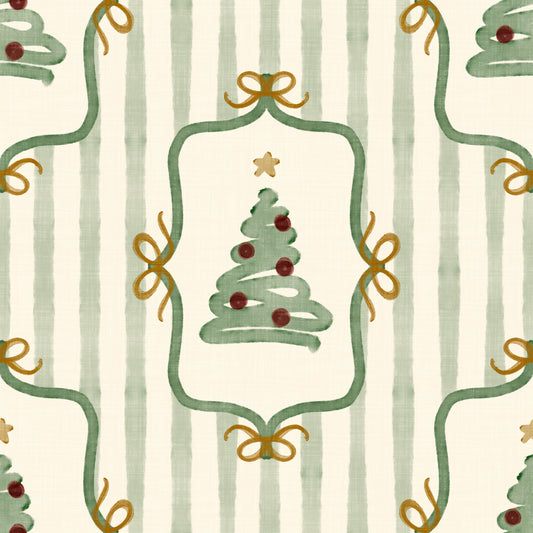 Preppy Christmas Tree Bows Ribbon Stripes - Forest Pine Green Wallpaper⁠