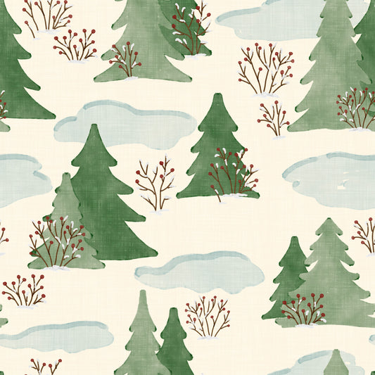 Snowy Winter Forest Pine Trees and Berries Pattern Wallpaper⁠