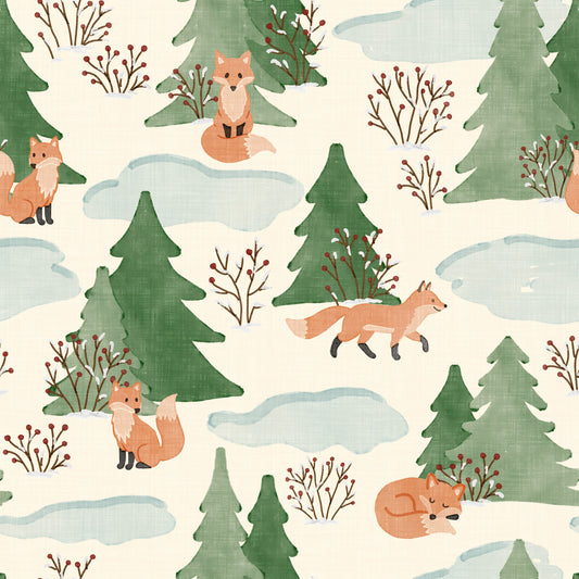 Watercolor Christmas Fox and Pine Trees Holiday Pattern Wallpaper⁠