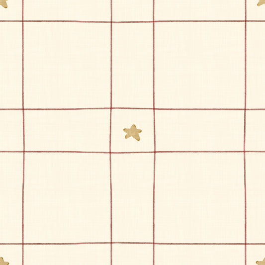 Minimalist Holiday Windowpane Plaid Hand Drawn Stars - Cranberry Red Wallpaper⁠
