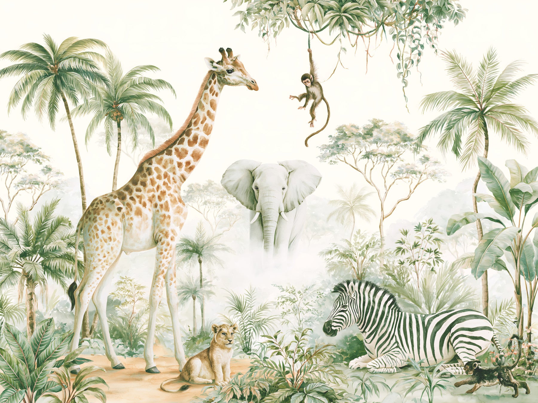 Exotic Safari Animals and Tropical Palms Wall Mural