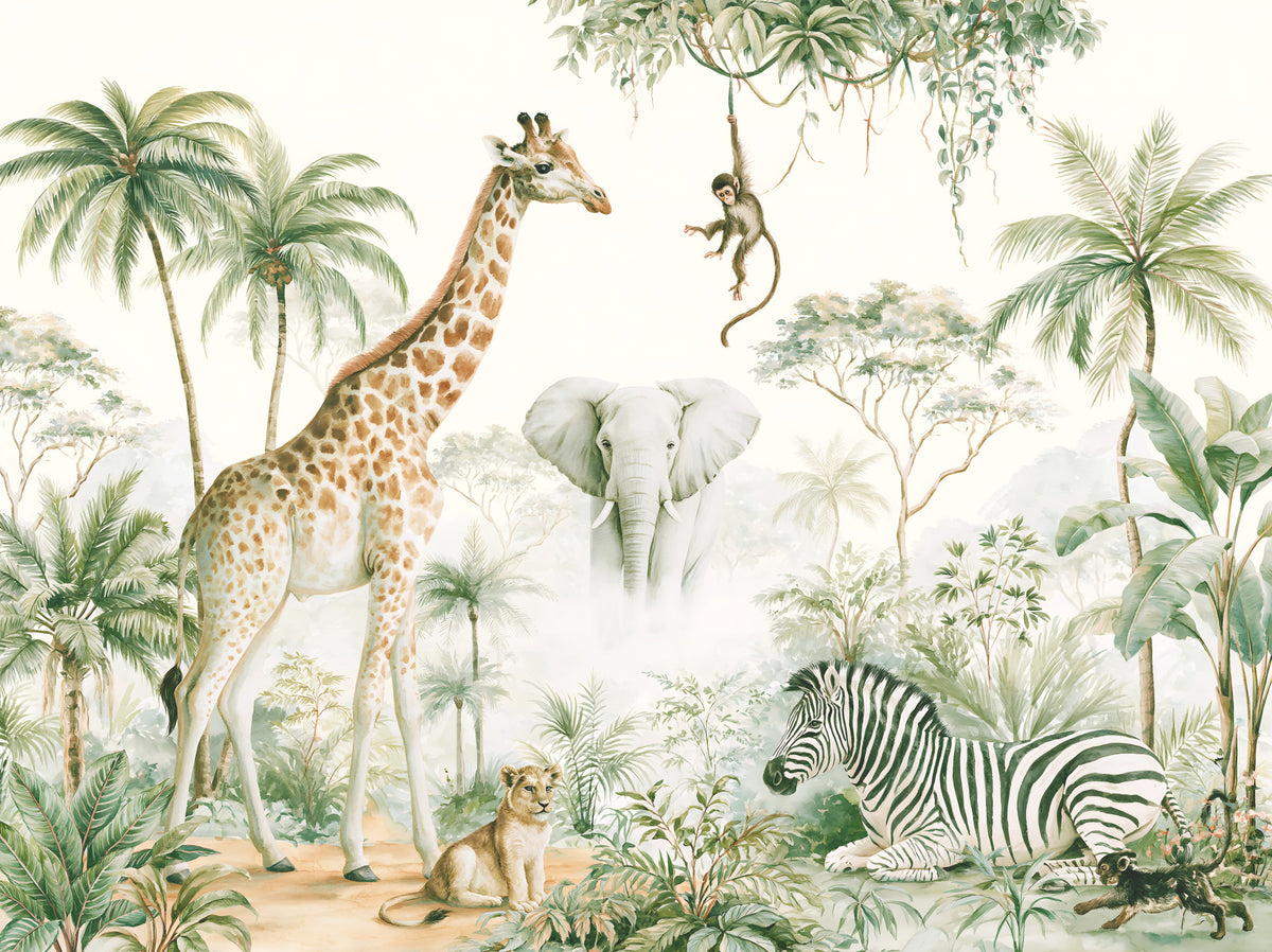 Exotic Safari Animals and Tropical Palms Wall Mural in your room — zoomed