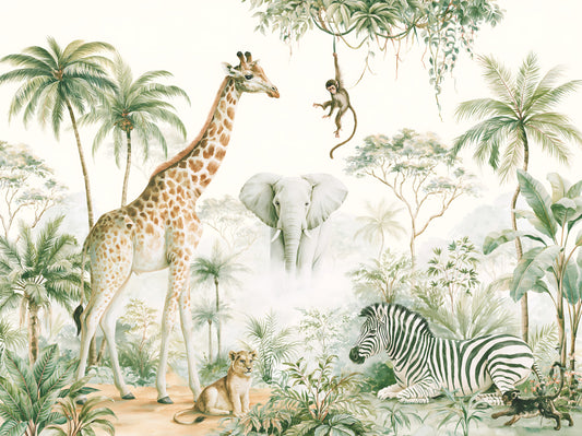 Exotic Safari Animals and Tropical Palms Wall Mural