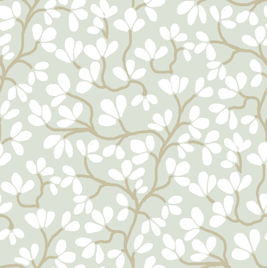 Soft Sage and White Hand-Drawn Floral Sprig Wall Mural
